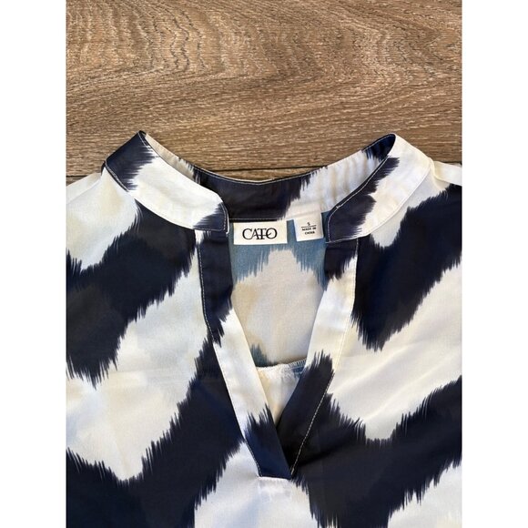 CATO WOMENS BLOUSE TUNIC TOP CHEVRON STRIPES ROLL UP SLEEVE SZ S WHITE-BLUE - Picture 2 of 6